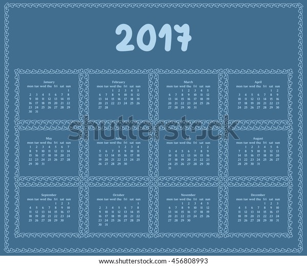 2017 year calendar template with\
decorative doodle elements, hand drawn frames, blue\
colors.