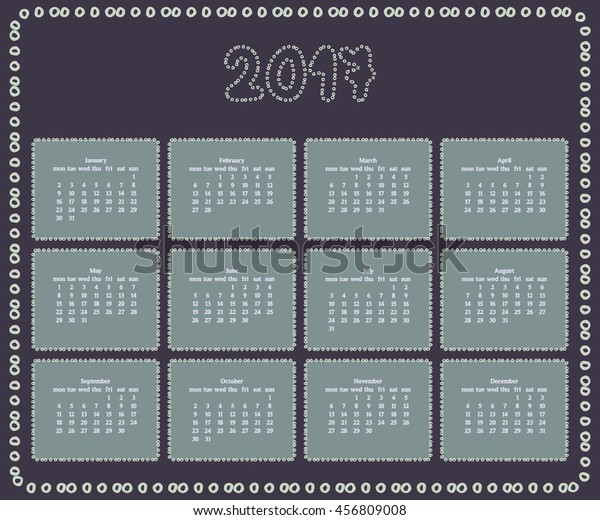2017 year calendar template with\
decorative doodle elements, hand drawn frame, grey\
colors.