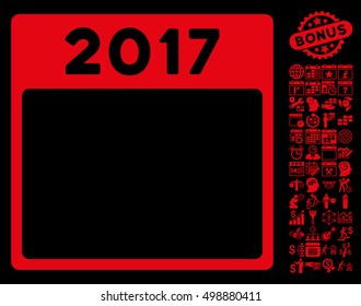 2017 Year Calendar Template icon with bonus calendar and time management graphic icons. Vector illustration style is flat iconic symbols, red, black background.