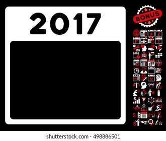 2017 Year Calendar Template icon with bonus calendar and time management pictures. Vector illustration style is flat iconic symbols, red and white, black background.