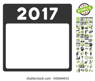2017 Year Calendar Template icon with bonus calendar and time management images. Vector illustration style is flat iconic symbols, eco green and gray, white background.