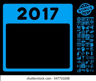 2017 Year Calendar Template pictograph with bonus calendar and time management icon set. Vector illustration style is flat iconic symbols, blue, black background.