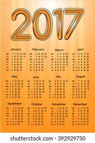 2017 year calendar template. Yellow background. Vector Illustration.