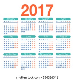 2017 year calendar.vector template of 2017 calendar