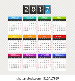 2017 year color calendar template. Flat design template isolated on transparent background