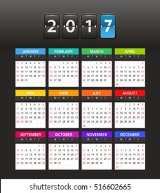 2017 year color calendar template. Flat design template 