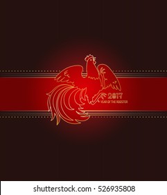 2017, the Year of the Fire Rooster in Chinese Horoscope. Red and gold colors, symbol of new year. Fire element. Hand drawn sketchy cartoon clip-art, illustration