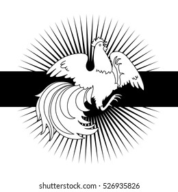 2017, the Year of the Fire Rooster in Chinese Horoscope. Black and white, symbol of new year. Fire element. Hand drawn sketchy cartoon clip-art, illustration