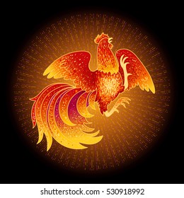 2017, the Year of the Fire Rooster in Chinese Horoscope. Red and gold colors, symbol of new year. Fire element. Hand drawn sketchy cartoon clip-art, vector illustration