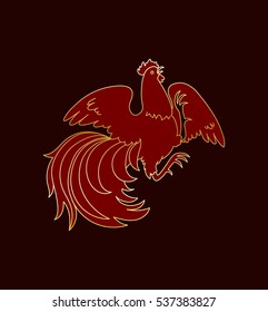 2017, the Year of the Fire Rooster in Chinese Horoscope. Gold colors, symbol of new year. Hand drawn clip-art, vector illustration isolated on black. Design element for greeting card or poster