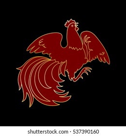 2017, the Year of the Fire Rooster in Chinese Horoscope. Gold colors, symbol of new year. Hand drawn clip-art, vector illustration isolated on black. Design element for greeting card or poster