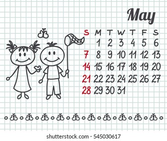 2017 year hand-drawn calendar (week starts on Sunday). May.
