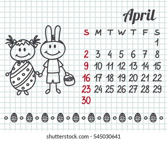 2017 year hand-drawn calendar (week starts on Sunday). April.