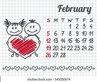 2017 year hand-drawn calendar (week starts on Sunday). February.