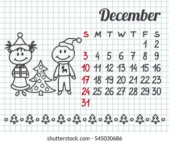 2017 year hand-drawn calendar (week starts on Sunday). December.