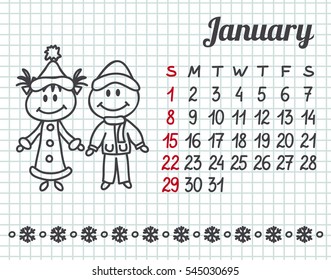 2017 year hand-drawn calendar (week starts on Sunday). January.