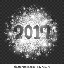 2017 Year Illustration on Transparent Background Vector. Abstract bright white shimmer glowing scatter round particles, lights and snowflakes