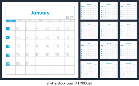 2017 year planner calendar blue color vector design template. Week Starts Sunday.