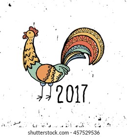 2017 Year of Rooster doodle vector illustration. Grunge picture.