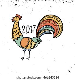 2017 Year of Rooster doodle vector illustration. Grunge picture.