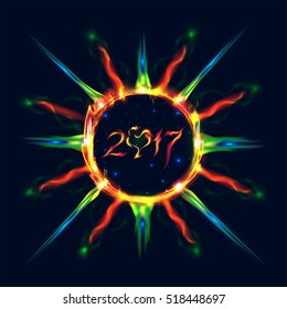 2017 year with a stylized Rooster in a fiery sun circle.Vector illustration.