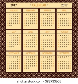 2017 year vector calendar. Illustration template with 12 months