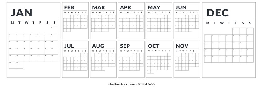 2017 year vector calendar. Minimalistic design. Printable. Set of twelve months