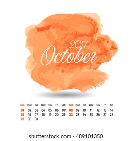 2017 year vector calendar on artistic paint splashes background. October