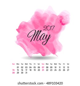 2017 year vector calendar on artistic paint splashes background. May