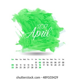 2017 year vector calendar on artistic paint splashes background. April