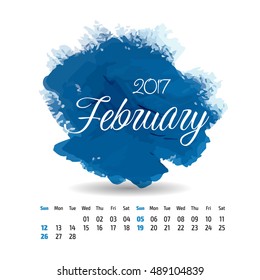 2017 year vector calendar on artistic paint splashes background. February