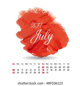 2017 year vector calendar on artistic paint splashes background. July