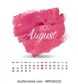 2017 year vector calendar on artistic paint splashes background. August