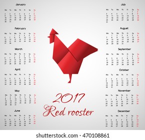 2017 year vector calendar with Red Rooster in Origami Style chinese new year symbol. Design template