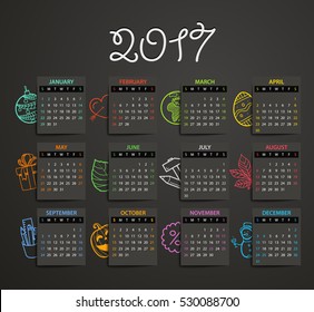 2017 year vector calendar template with different doodles. Flat design template. 
Calendar for 2017 year