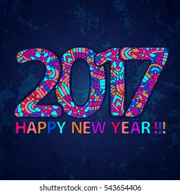 2017 year wallpaper. Happy New Year poster. Abstract doodles ornament greeting card. Grunge holiday background. Vector image for web design, printed products or calendars.