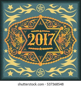 2017 year western cowboy belt buckle with sheriff badge vintage vector design
