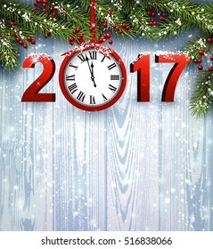 2017 Year wooden background with clock and fir branches. Vector illustration.