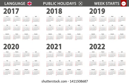 2017-2022 year calendar in English language, week starts from Sunday. Vector calendar.