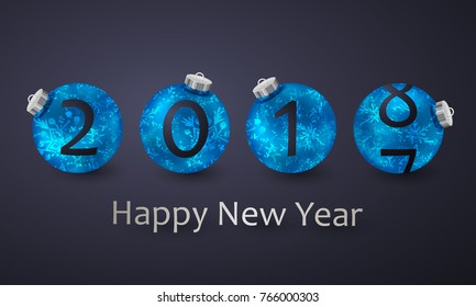 2018 and 2017  in blue Christmas balls with shadow and Abstract snowflakes pattern and lettering Happy New Year. Christmas card design for flyer, poster, design, banner, web. Vector illustration. 