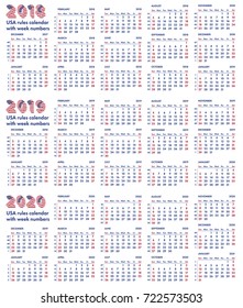 2018 2019 2020 calendar grid american rules with weeks numbers vector illustration isolated on white background. For english quarterly templates design or calendar pages.