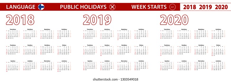 2018, 2019, 2020 year vector calendar in Finnish language, week starts on Sunday