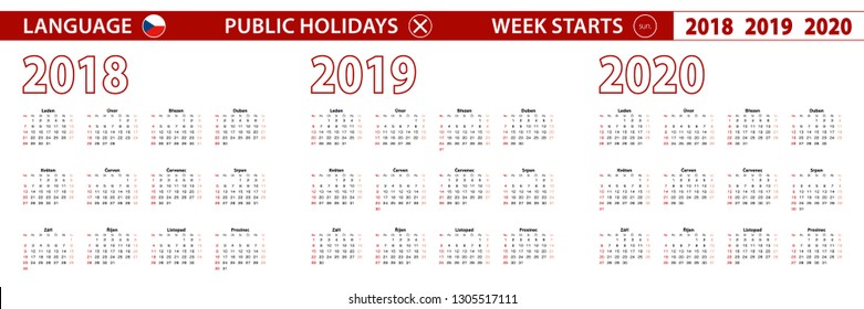 2018, 2019, 2020 year vector calendar in Czech language, week starts on Sunday
