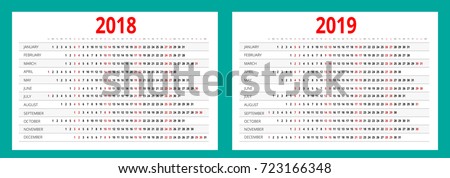 2018 and 2019 calendar. Print Template. Portrait Orientation. Set of 12 Months. Planner for 2018 and 2019 Year.