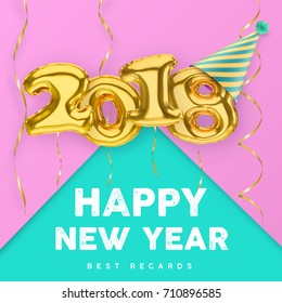 2018 3D Happy New Year with gold balloon numbers isolated on pink-green background
with party hat and streamers.
