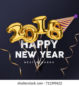 2018 3D Happy New Year Gold Vector Banner Isolated On Black Background With Party Hat And Streamers.