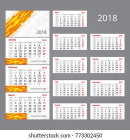 2018 abstract vector calendar template. Three month grid with numbers of weeks. Includes space for image and text. Used for web and print design.