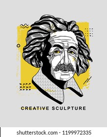 Oсt.11, 2018: Albert Einstein. Vector illustration hand drawn. Geometric yellow background.