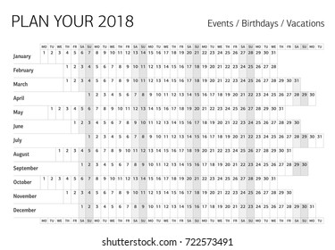 2018 all year wall planner. Gray template for filling yourself vector illustration. Annual work schedule planning to fill cell by user singly. English language,