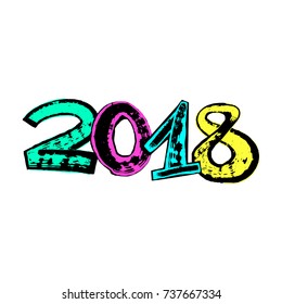 2018 Alphabet numbers digital style hand-drawn doodle sketch. Vector illustration.Grunge drawing technique poster.